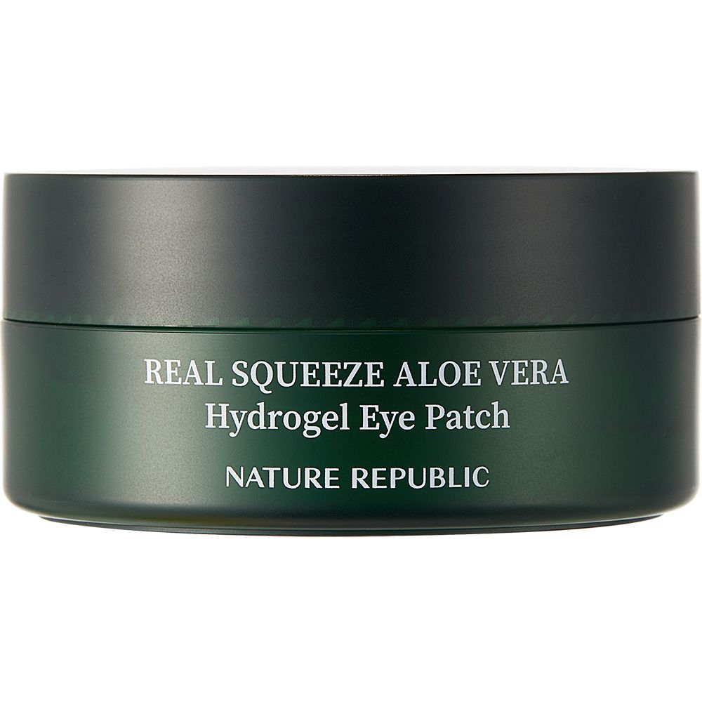Pot vert avec texte: REAL SQUEEZE ALOE VERA Hydrogel Eye Patch, NATURE REPUBLIC.