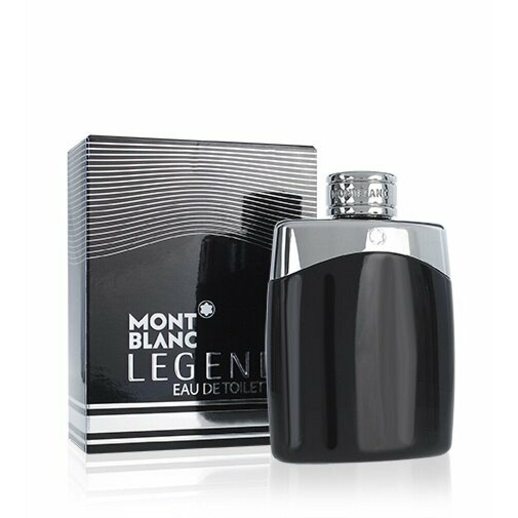 Zwarte fles met zilveren dop en verpakking. Opschrift: MONTBLANC LEGEND. Vorm: rechthoekig.