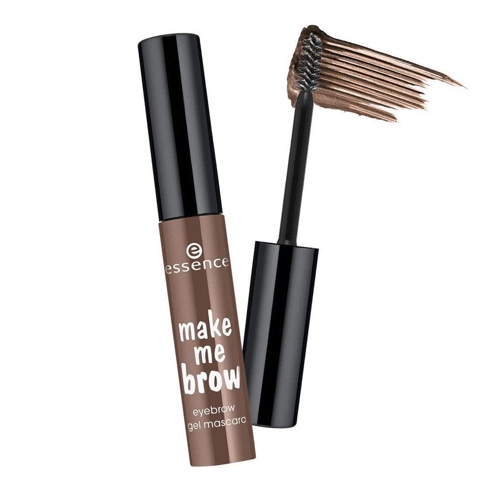 Wenkbrauwgel mascara met borstel. Bruine tube met zwarte dop. Opschrift: make me brow, eyebrow gel mascara. Borstel met product.