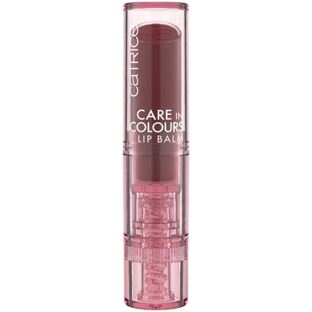 Baume à lèvres Catrice Care In Colours. Emballage transparent, capuchon rose. Nom du produit et marque visibles.