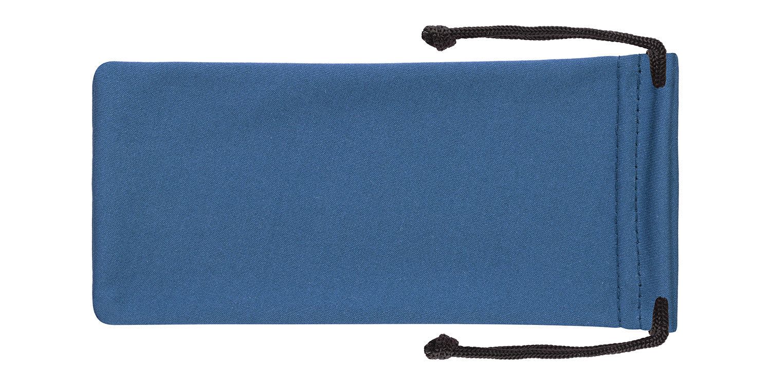 Blauwe microvezel zak met zwart trekkoord. Rechthoekige vorm.