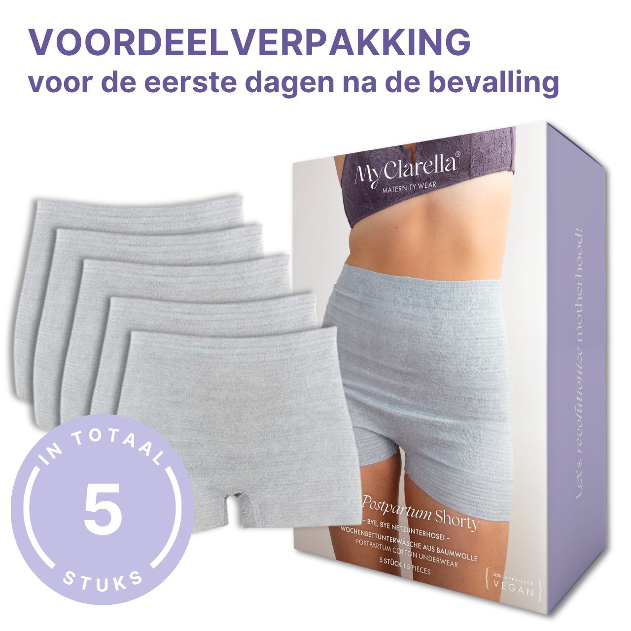 Voordeelverpakking van 5 postpartum shortys in grijs. Opaque, rekbaar, naadloos. Voor de eerste dagen na de bevalling.