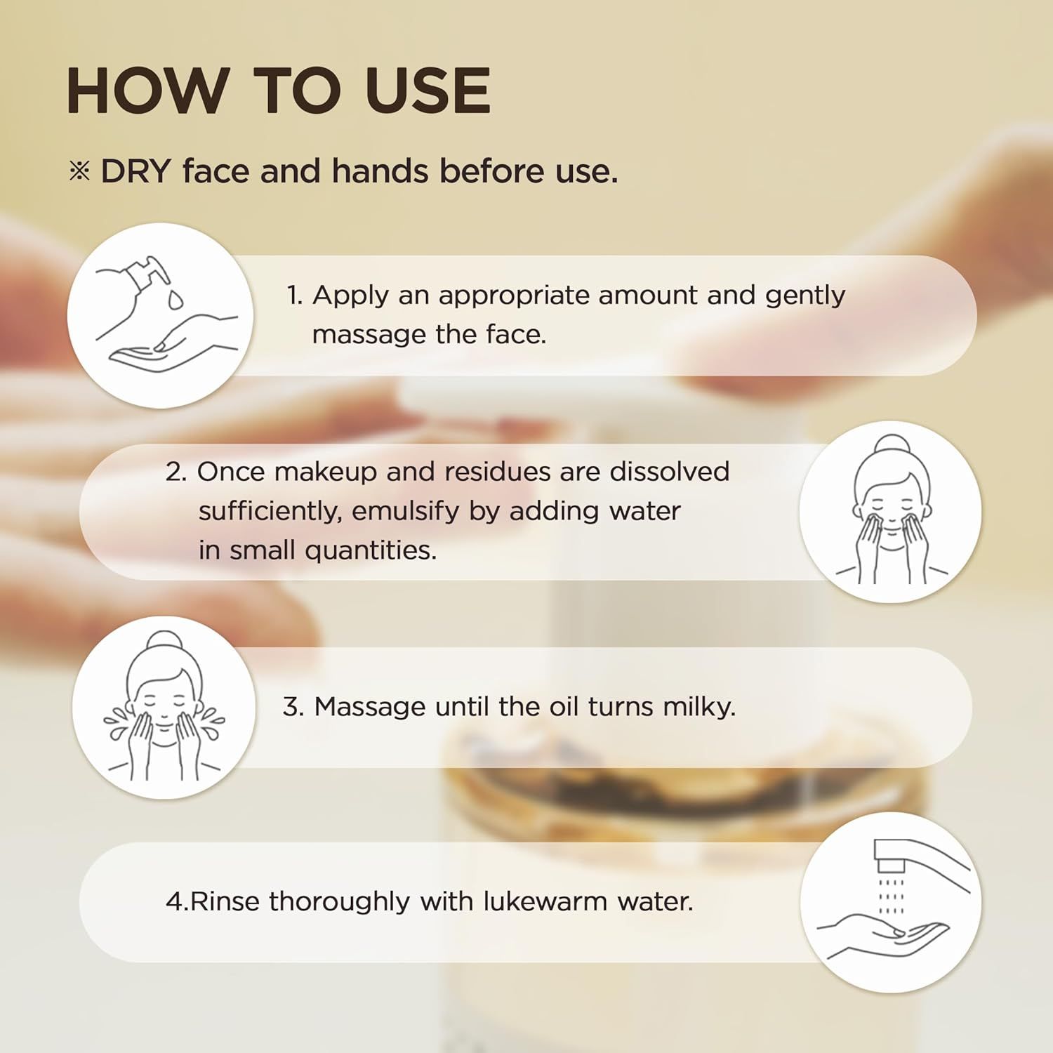 Skin1004 Madagascar Centella Light Cleansing Oil. Illustraties voor gebruik van het product.