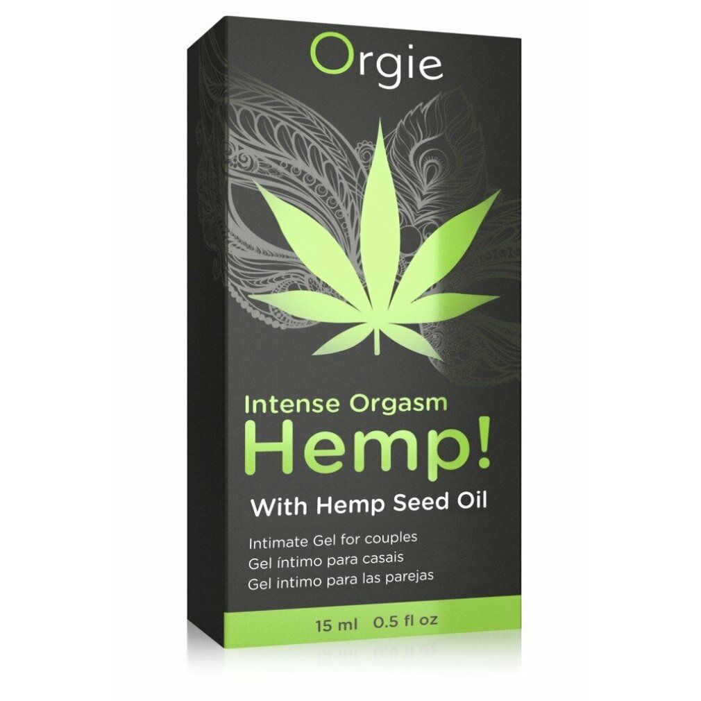 Emballage noir avec logo vert et texte : Orgie, Intense Orgasm Hemp!, symbole feuille de chanvre. Gel intime pour couples. 15 ml.