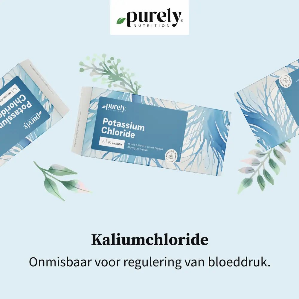 Drie verpakkingen « Potassium Chloride ». Tekst: Kaliumchloride. Onmisbaar voor bloeddrukregulatie.