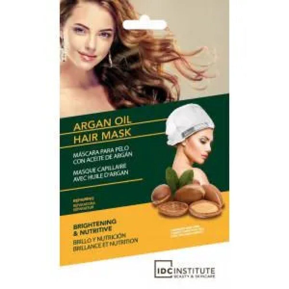 Emballage de masque capillaire avec femme, illustrations d'huile d'argan et texte. Marque: IDC Institute.