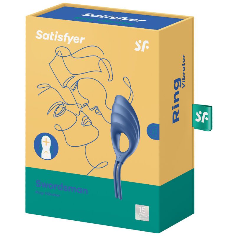 Boîte d'un vibromasseur annulaire Satisfyer bleu nommé 'Swordsman'. La boîte présente un dessin stylisé de visages et le nom de la marque.