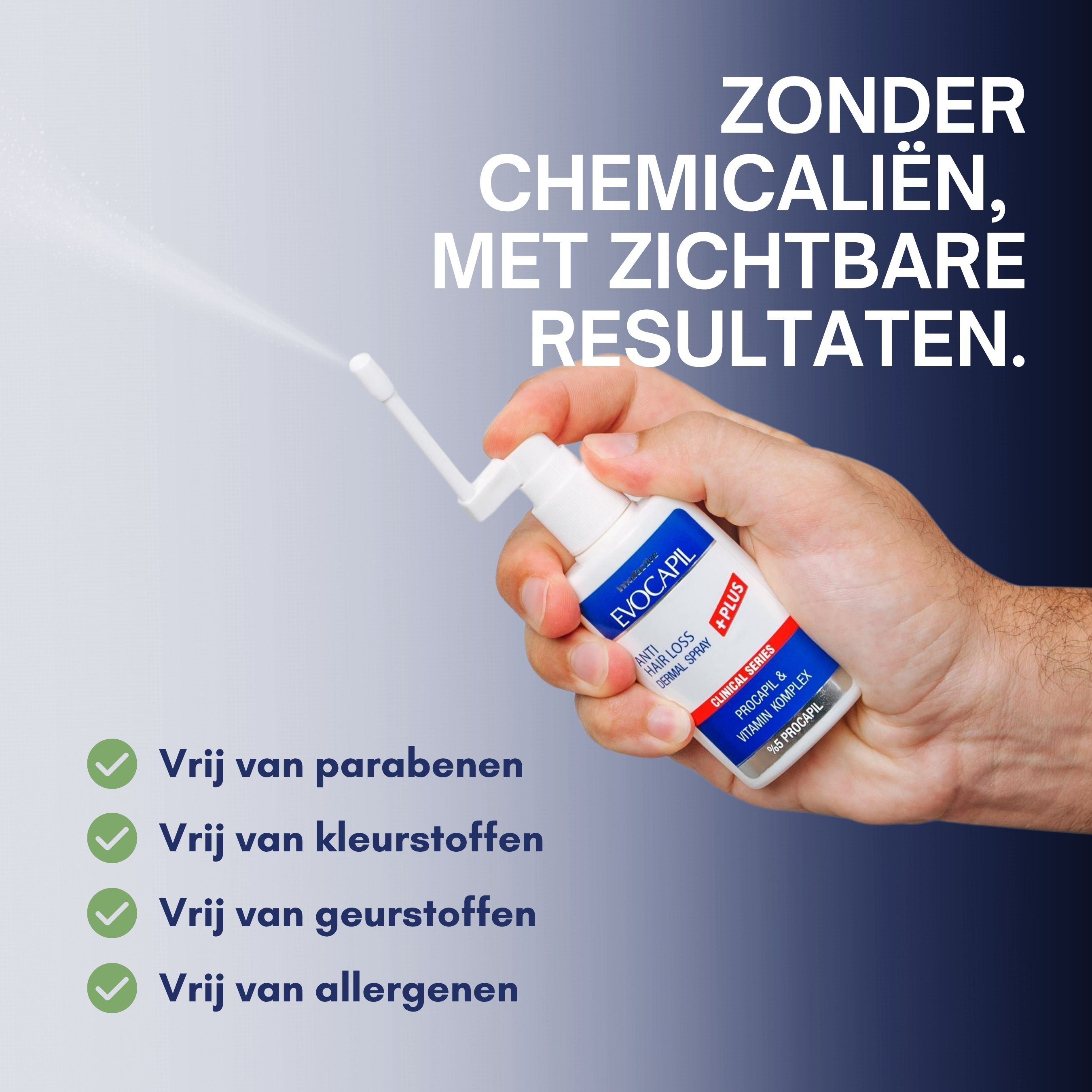 Grafische weergave van ingrediënten. Biotine, Keratine, Rozemarijn & Pepermunt, Apigenine, Oliezuur. Tekst: Zeer effectieve ingrediënten.