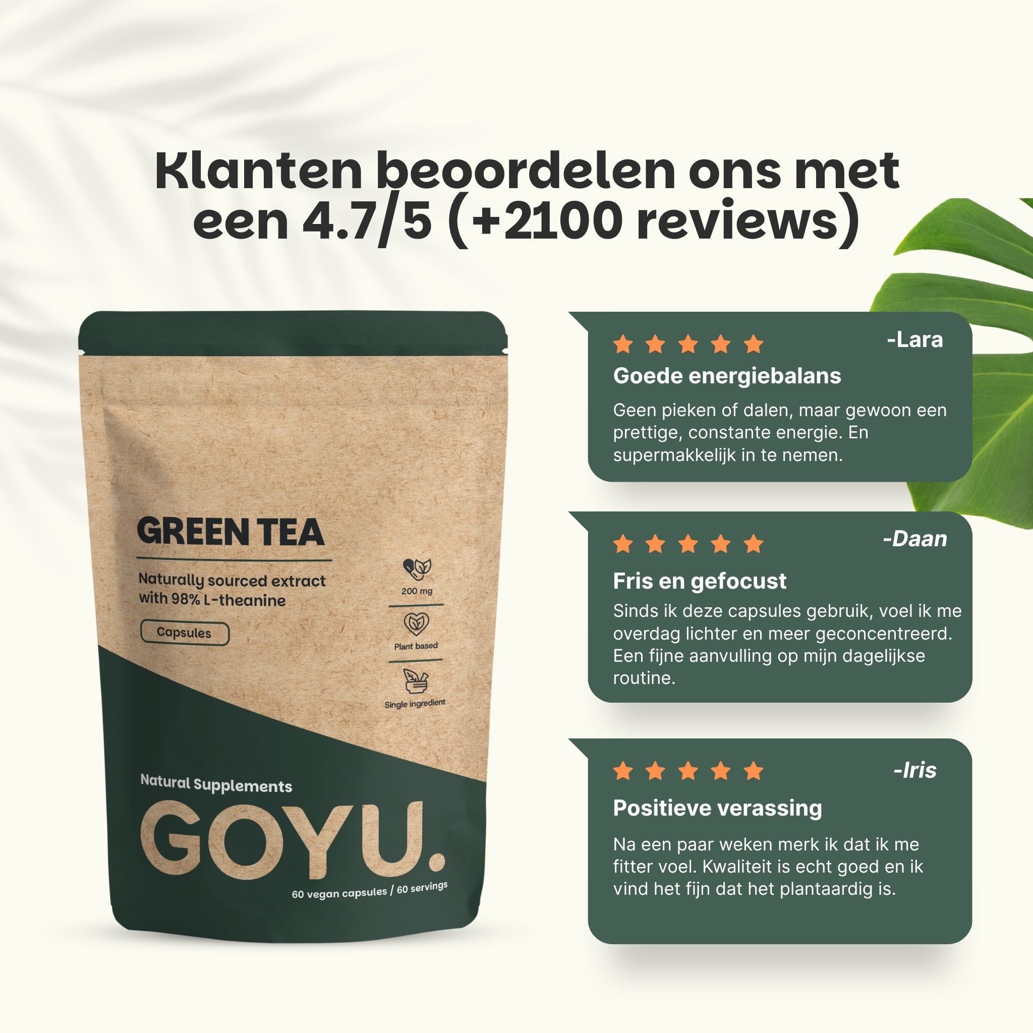 Groene capsule met poeder. 100% natuurlijk, geen vulstoffen, vegan, kwalitatief.