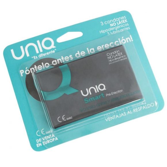 Emballage de 3 préservatifs UNIQ Smart, sans latex, hypoallergéniques.