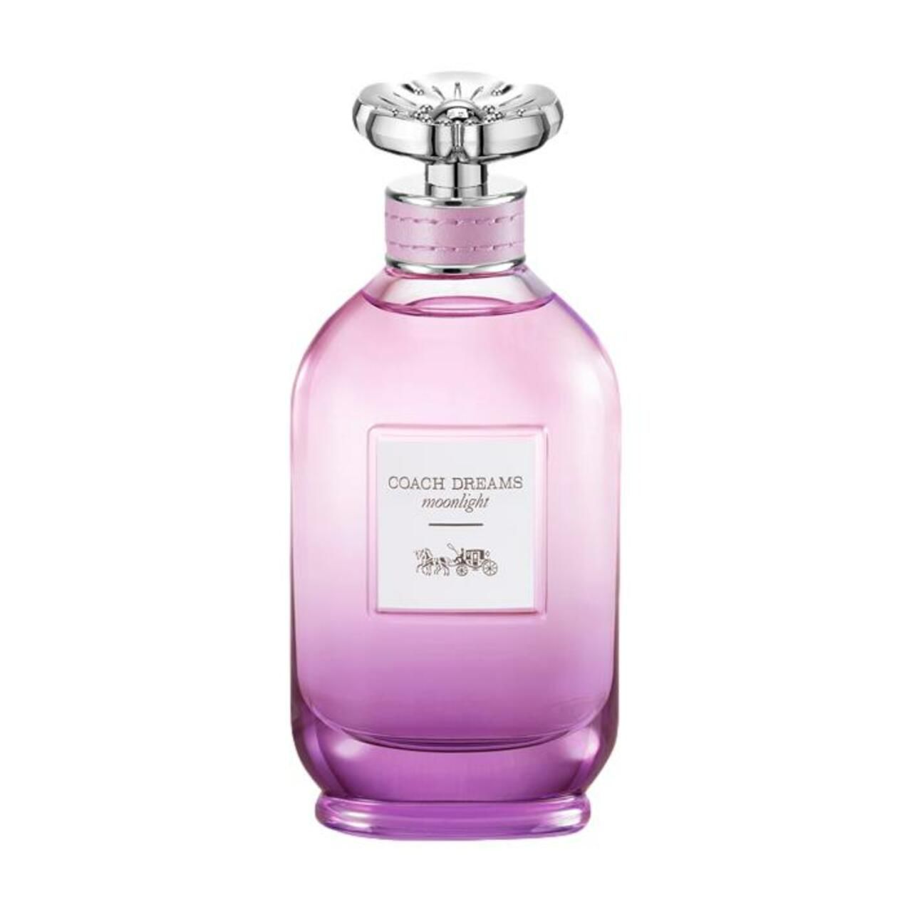 Coach Dreams Moonlight Eau de Parfum Spray. Flacon avec dégradé rose-violet. Bouchon argenté. Logo sur l'étiquette.