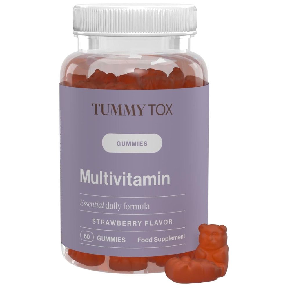 Bouteille de gommes multivitamines. Texte : Tummy Tox, Gommes, Goût fraise, 60 gommes, Complément alimentaire. Un ours en gélatine à côté.