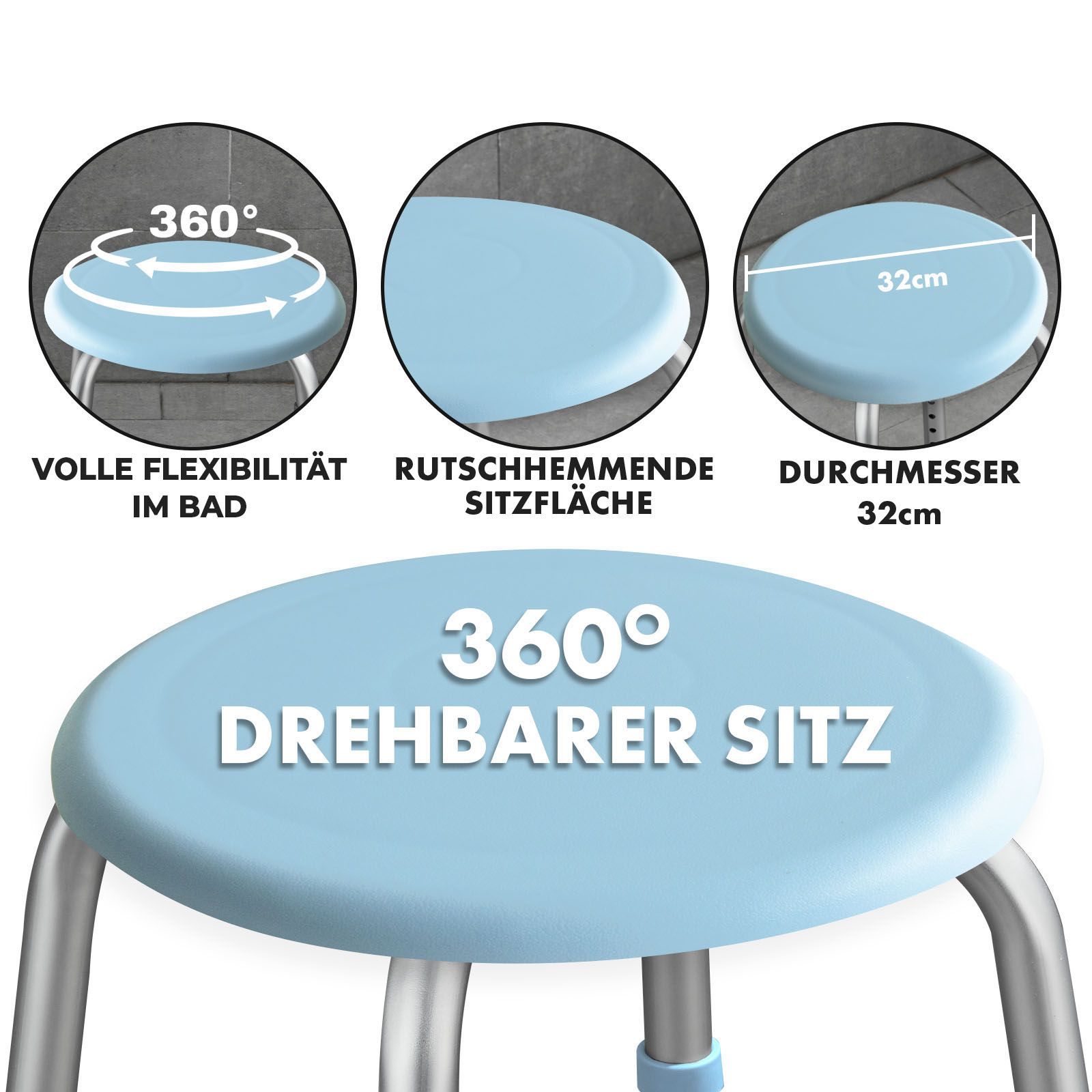 Douchekruk met draaibare zitting. Diameter 32cm. Antislip zitting. 360° draaibaar.
