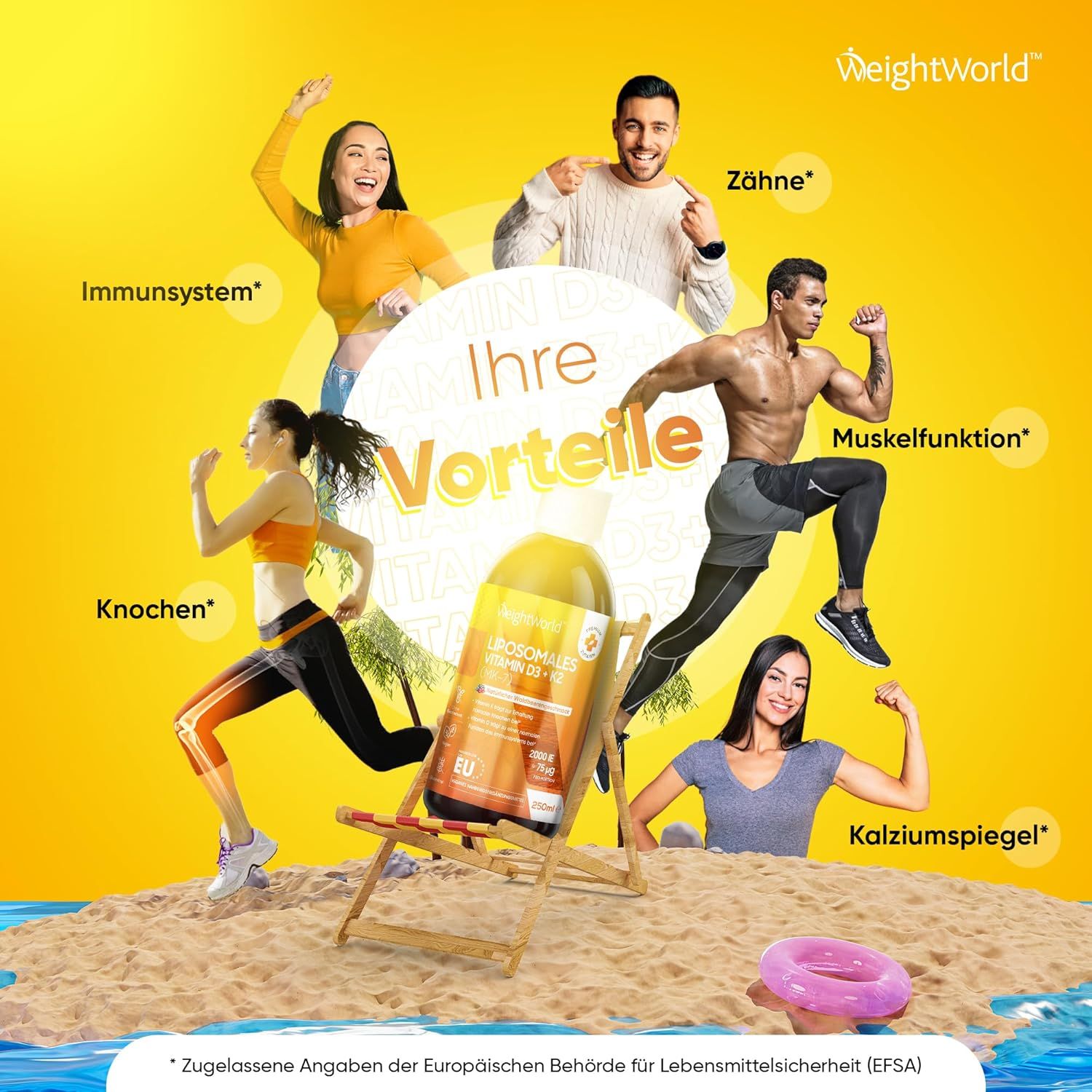 Fond jaune avec des personnes. Vitamine D3 + K2 liposomale. Avantages : os, système immunitaire, dents, fonction musculaire, taux de calcium.