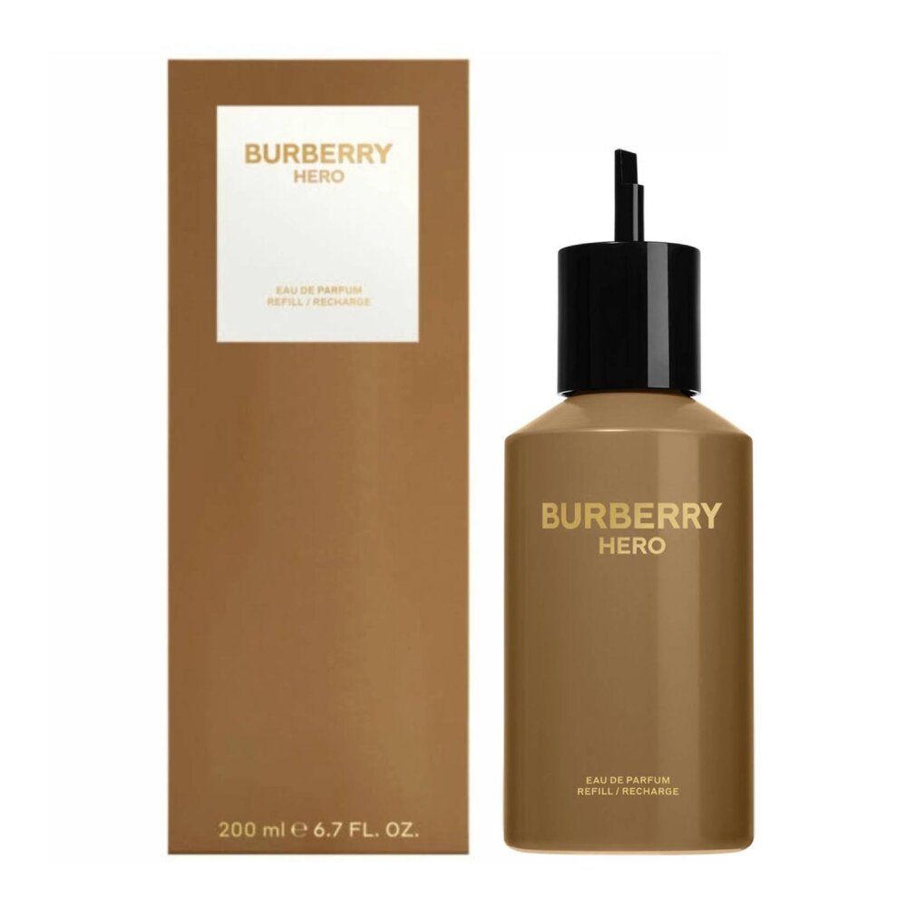 Bruine fles en verpakking. Zwarte dop. Tekst: Burberry Hero Eau de Parfum Navulling.