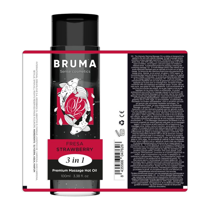 Bruma Premium massageolie fles met aardbeienprint en koivissen, met etiket.