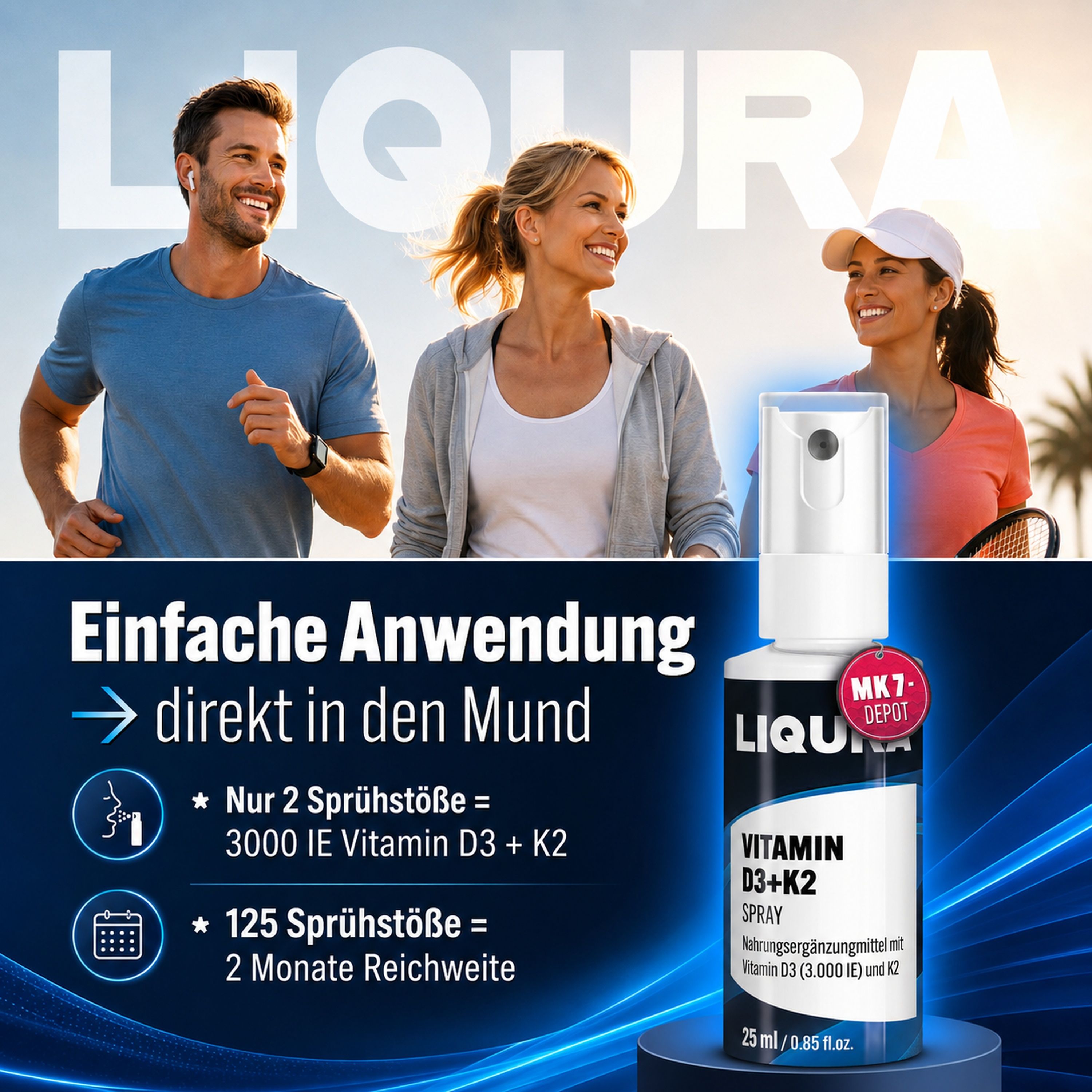 Spray LIQURA Vitamine D3+K2: Utilisation facile directement dans la bouche.