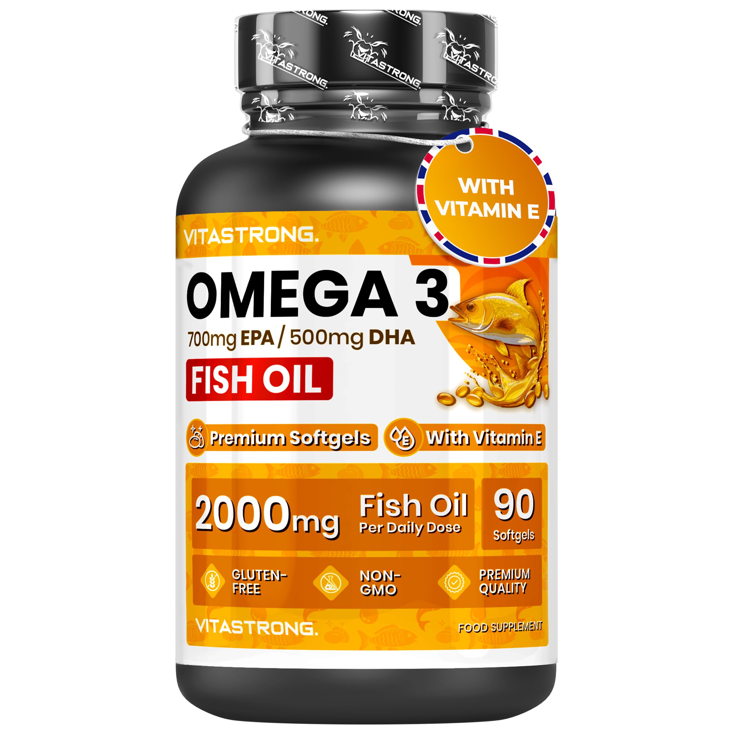 Flacon noir Vitastrong Omega 3. Avec vitamine E. 90 gélules. Huile de poisson. Étiquette avec informations.