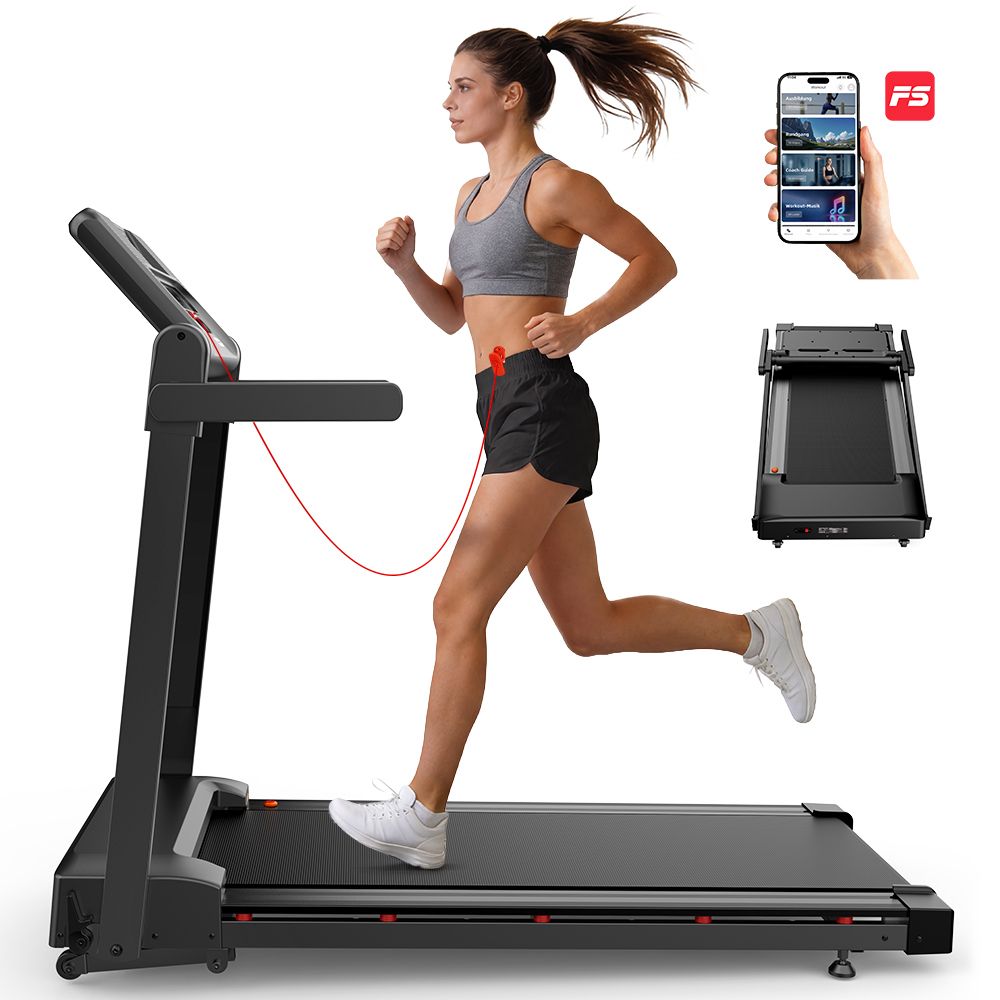 Femme courant sur tapis roulant noir. Smartphone avec affichage d'application. Petit tapis roulant plié.