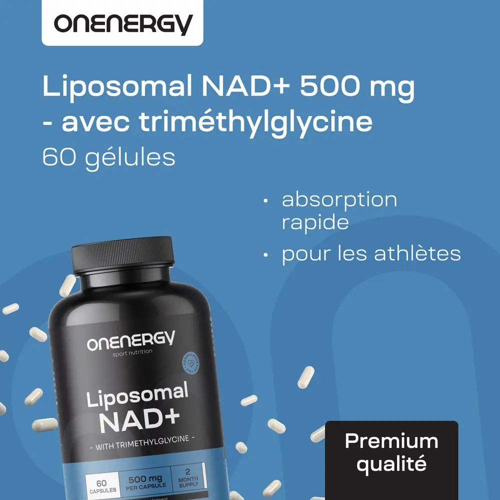Flacon avec capsules. Texte : NAD+ liposomal avec triméthylglycine, 60 gélules. Énergie et régénération.
