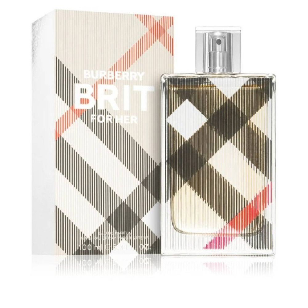 Parfumfles en verpakking. Rechthoekige fles, geruit. Verpakking met ruitpatroon en opschrift Burberry Brit for Her.