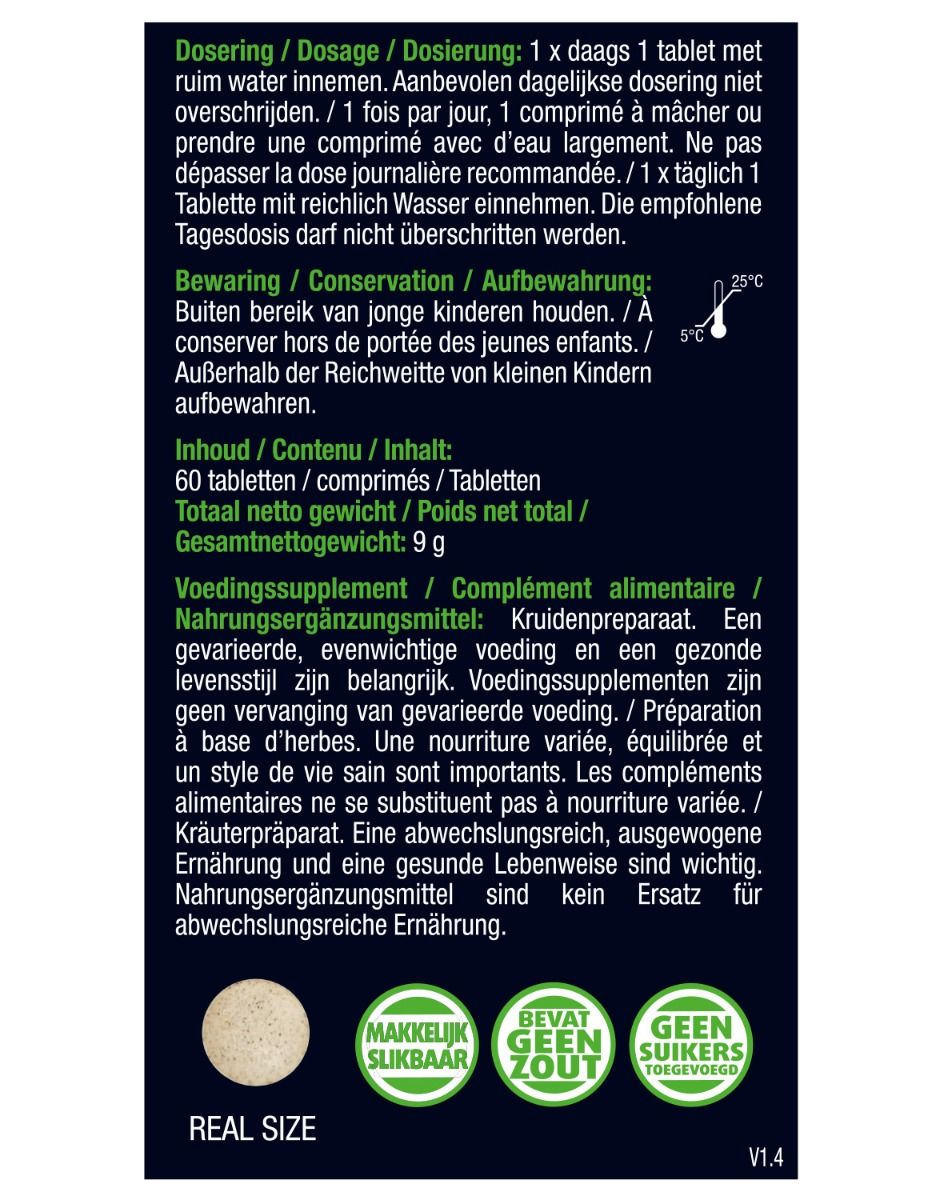 Achterkant verpakking met doseringsinstructies, waarschuwingen en voedingswaarde. Tekst in meerdere talen.
