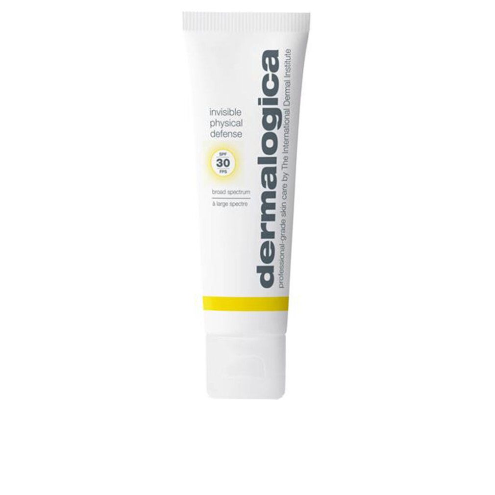 Tube blanc avec bande jaune. Texte: Invisible Physical Defense, SPF 30, Dermalogica. Inscription: broad spectrum & large spectre.