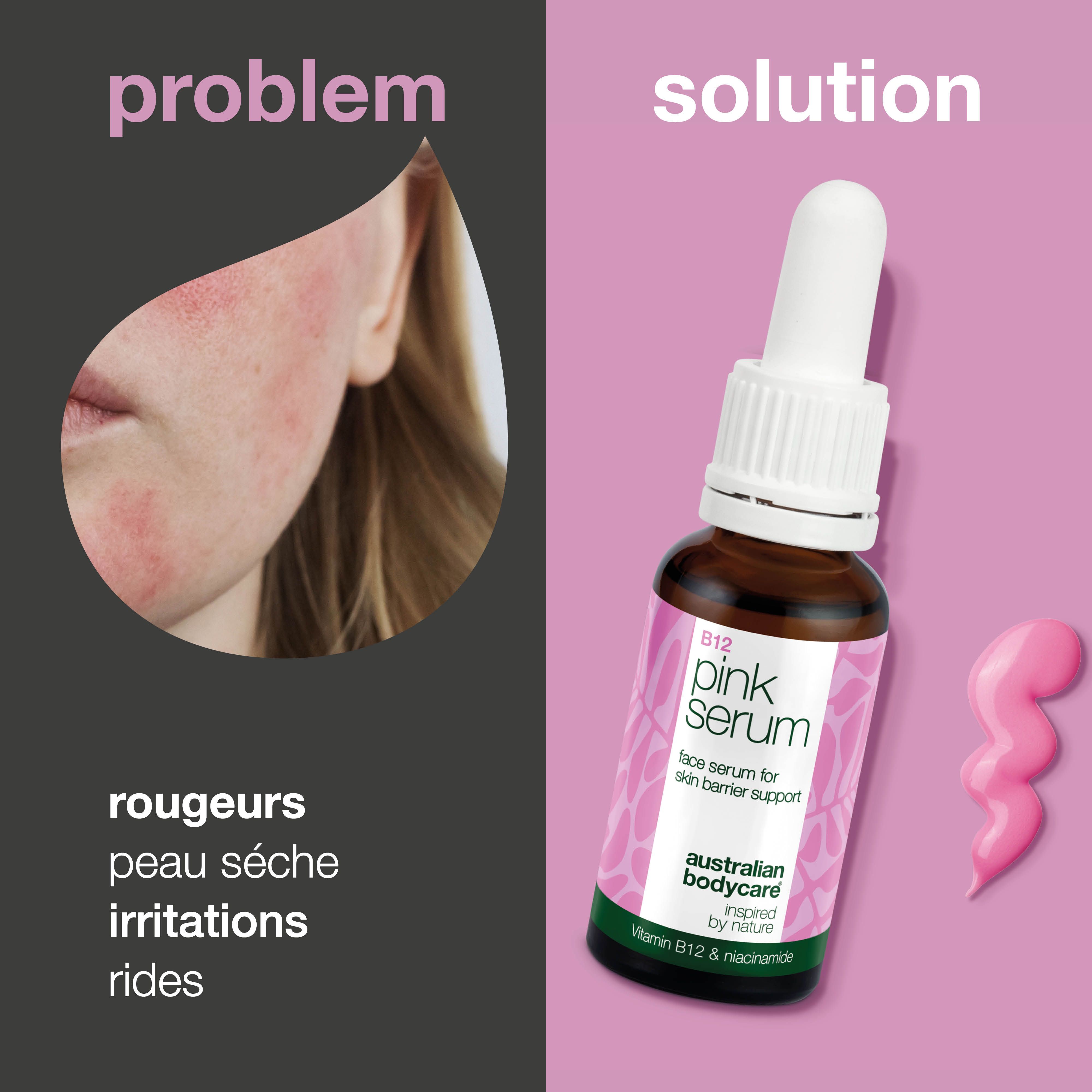 Image gauche: peau rouge. Droite: flacon Pink Serum et goutte rose. Texte: Problème/Solution.