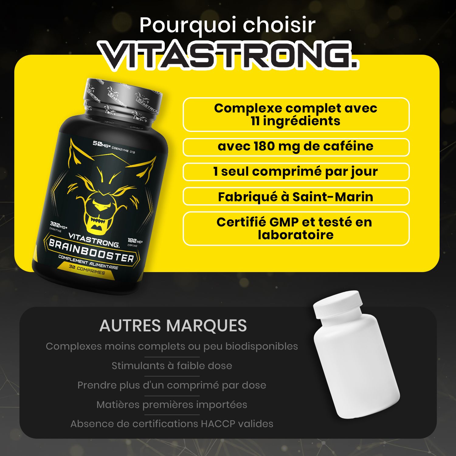 Vitastrong Brainbooster, 30 tabletten. Tekst: Vegan, glutenvrij, zonder kunstmatige aroma's.