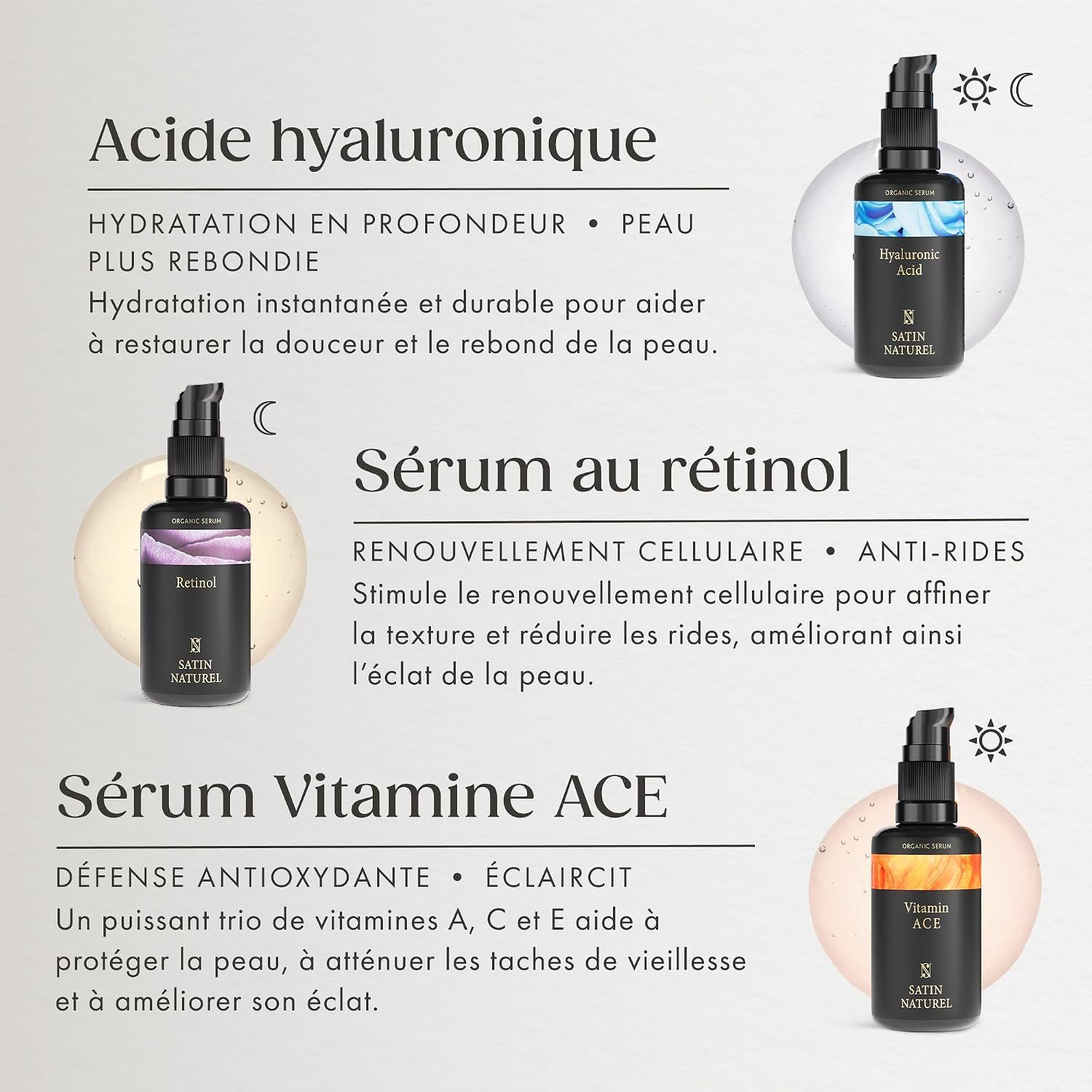 Trois sérums : Acide Hyaluronique, Rétinol, Vitamine ACE. Descriptions en français.