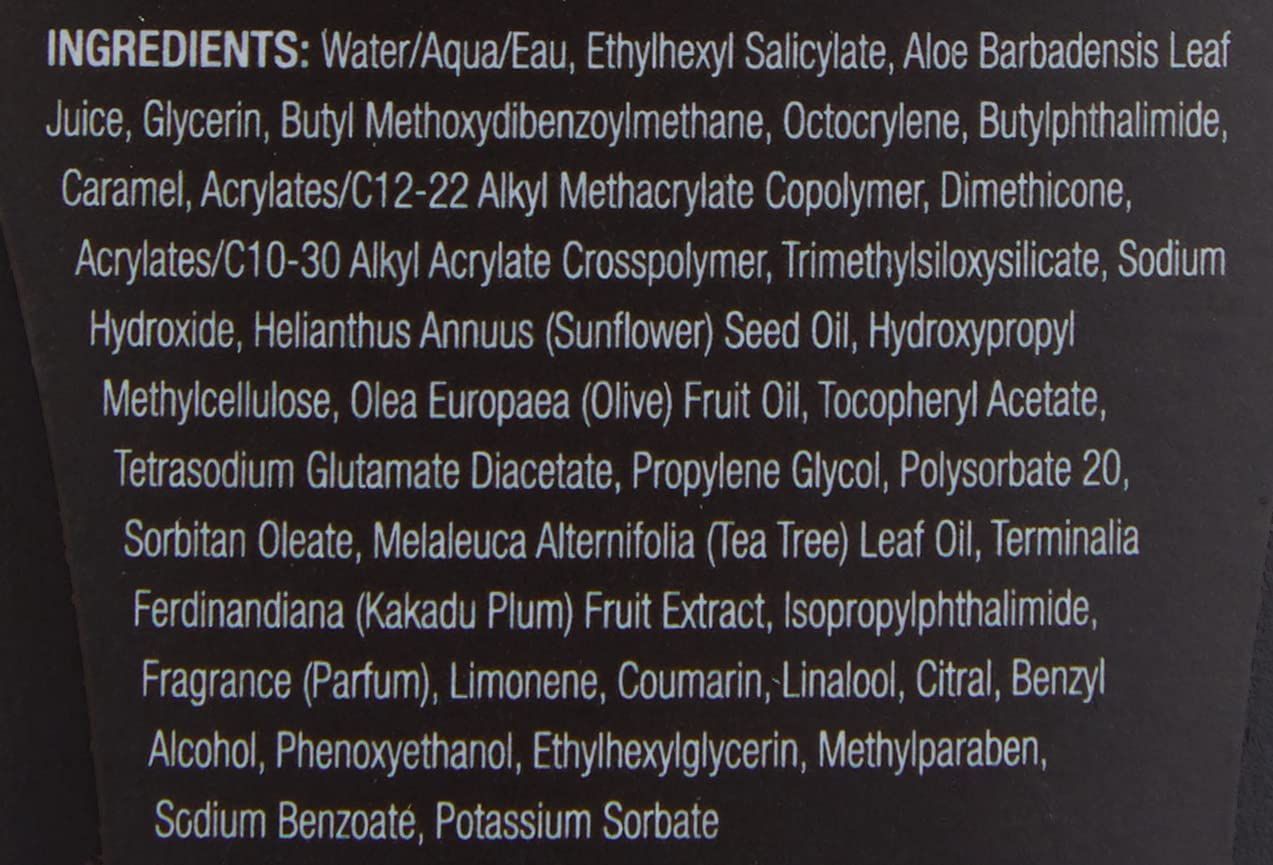 Texte avec ingrédients sur fond noir. Contient de l'eau, du salicylate d'éthylhexyle, du jus de feuille d'Aloe Barbadensis, etc.