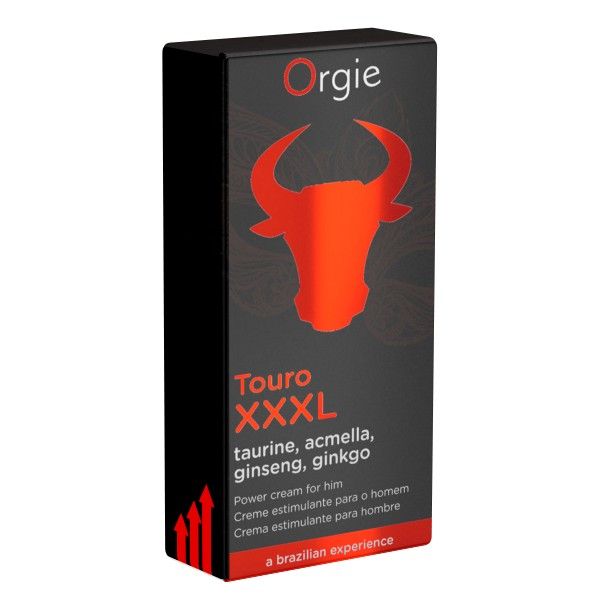 Zwarte verpakking met rode stierenkop en productnaam. Tekst: Touro XXL, ingrediënten. Merk: Orgie.