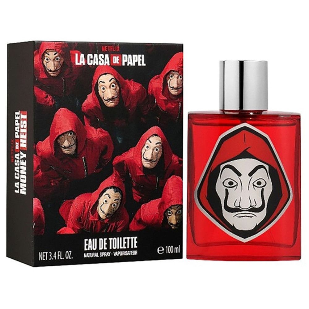 Rode eau de toilette fles met maskerontwerp en verpakking. Zwarte doos met opschrift "La Casa de Papel".