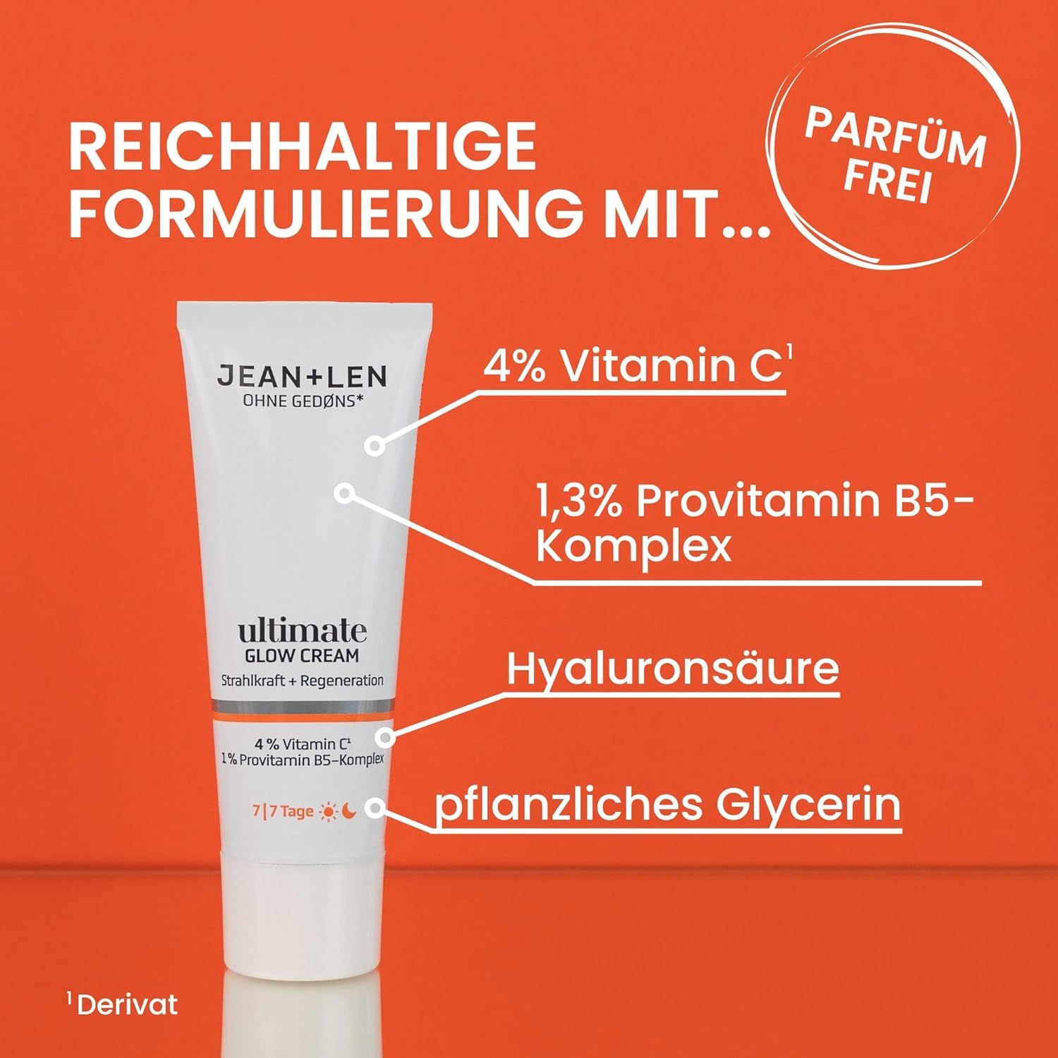 Tube blanche avec ingrédients et nom du produit. Contient 4% Vitamine C, 1,3% Provitamine B5-Complexe, Acide hyaluronique, Glycérine végétale.