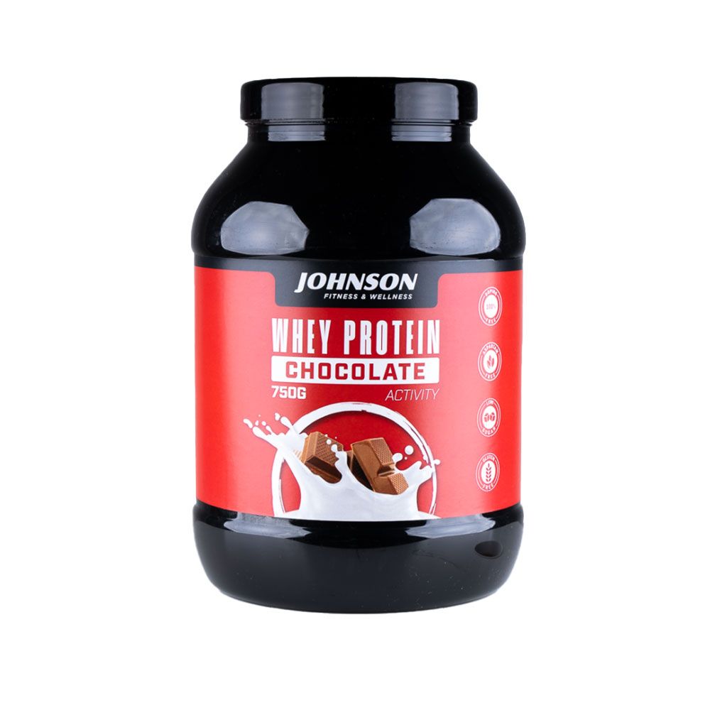 Zwarte pot met rood etiket. Opschrift: Johnson Whey Protein Chocolate. 750g. Afbeelding van chocolade en melk.