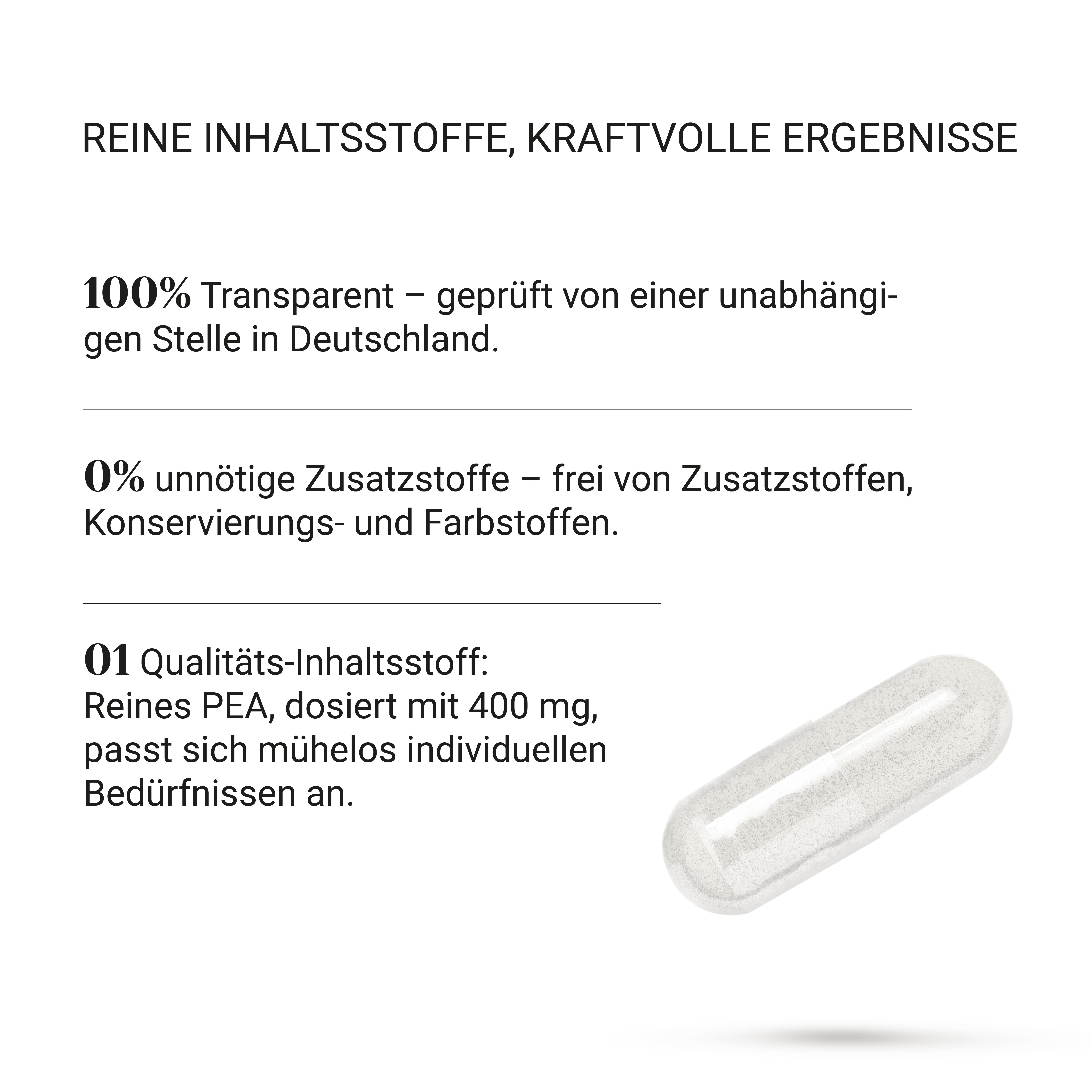 Transparante capsule. Tekst: 100% Transparant - gecontroleerd. 0% toevoegingen. 01 Kwaliteitsingrediënt: PEA 400 mg.