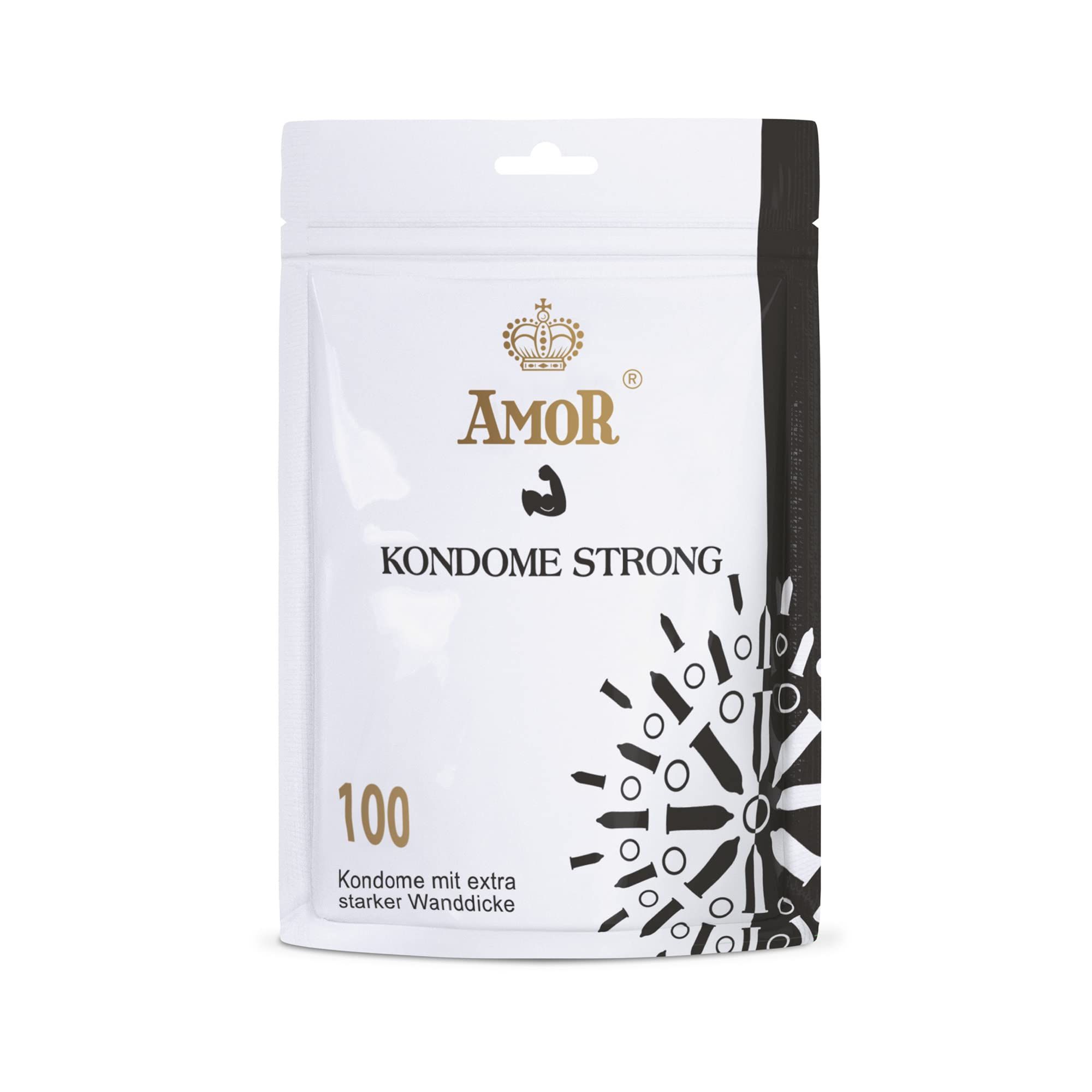 Emballage de 100 préservatifs Amor Strong, épaisseur de paroi extra forte.