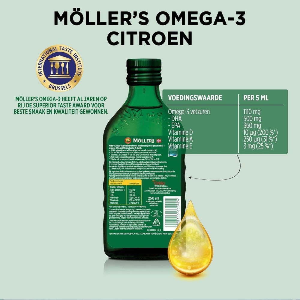 Möller's Omega-3 Citroen fles. Voordelen en informatie. Onderscheiding. Druppel olie. Met vitaminen A, D en E.