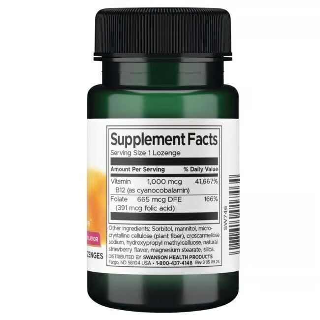Dos du flacon vert. Étiquette avec informations nutritionnelles: vitamine B12, folate. Liste des ingrédients.
