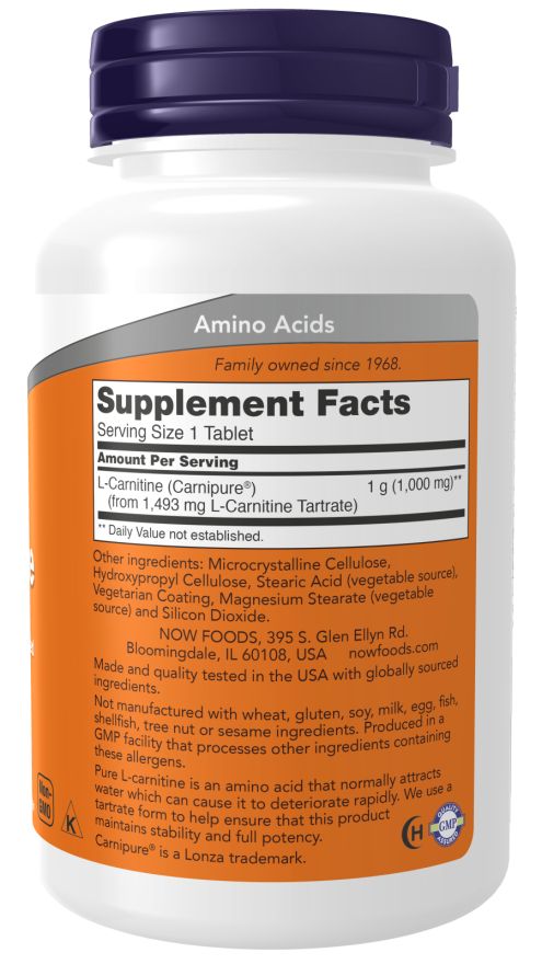 Achterkant van de fles. Ingrediëntenlijst: L-Carnitine. Voedingswaarde-informatie. NOW FOODS. Veganistisch. GMP-gecertificeerd.