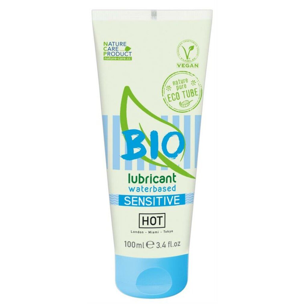 BIO Sensitive glijmiddel, waterbasis, 100ml tube. Blad- en golfpatroon.