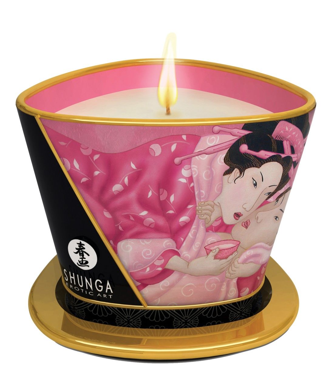 Brandende massagekaars met roze en zwarte versieringen die een Japans stel tonen. Op een gouden onderzetter.
