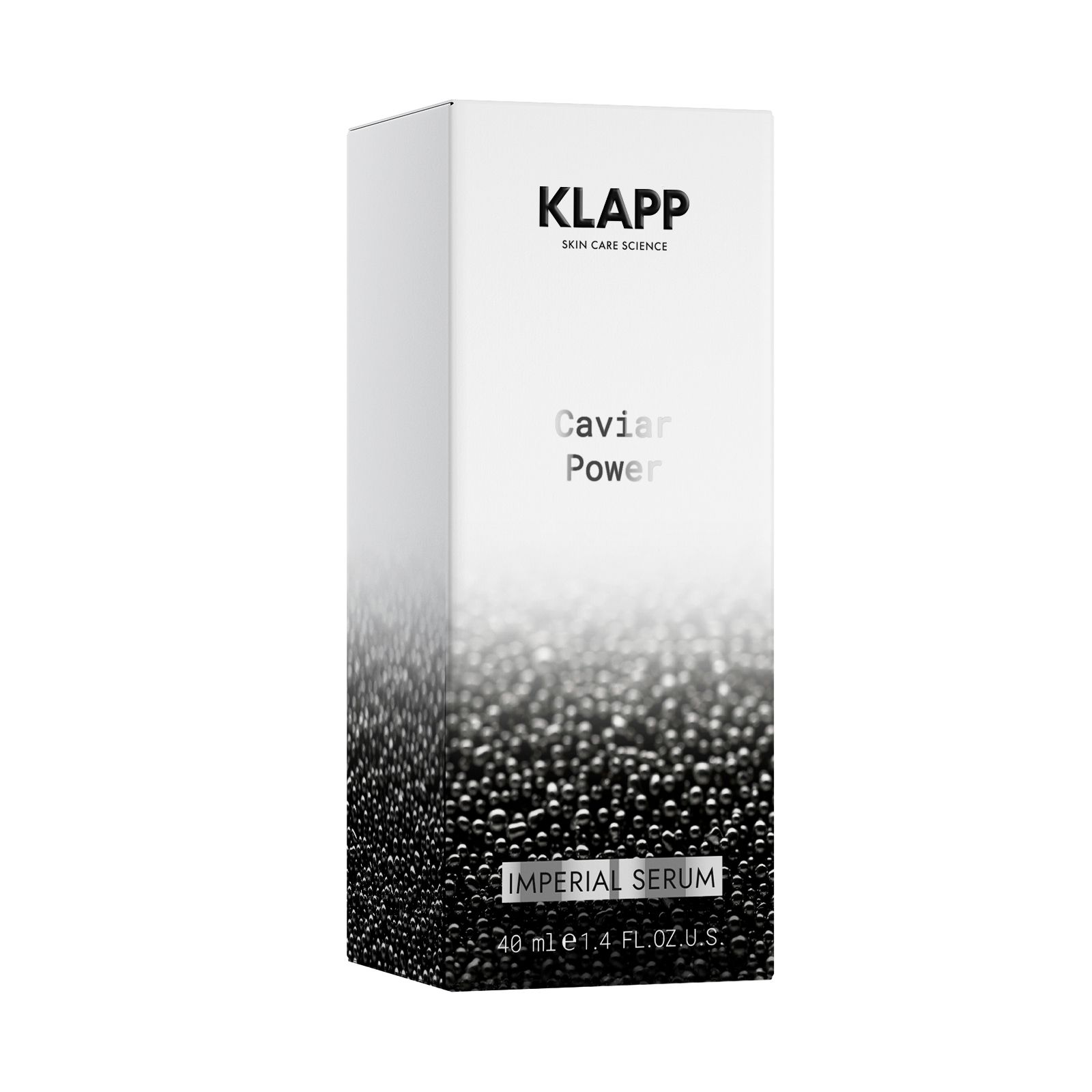 Emballage pour KLAPP Caviar Power Imperial Serum, avec design de perles et informations produit.