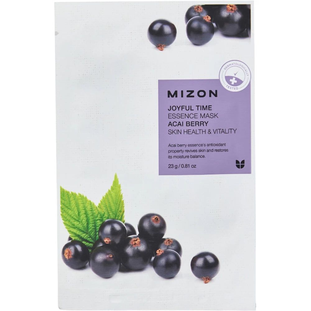 Emballage produit avec texte: MIZON Joyful Time Essence Mask Acai Berry. Illustration de baies d'açaï et feuilles.