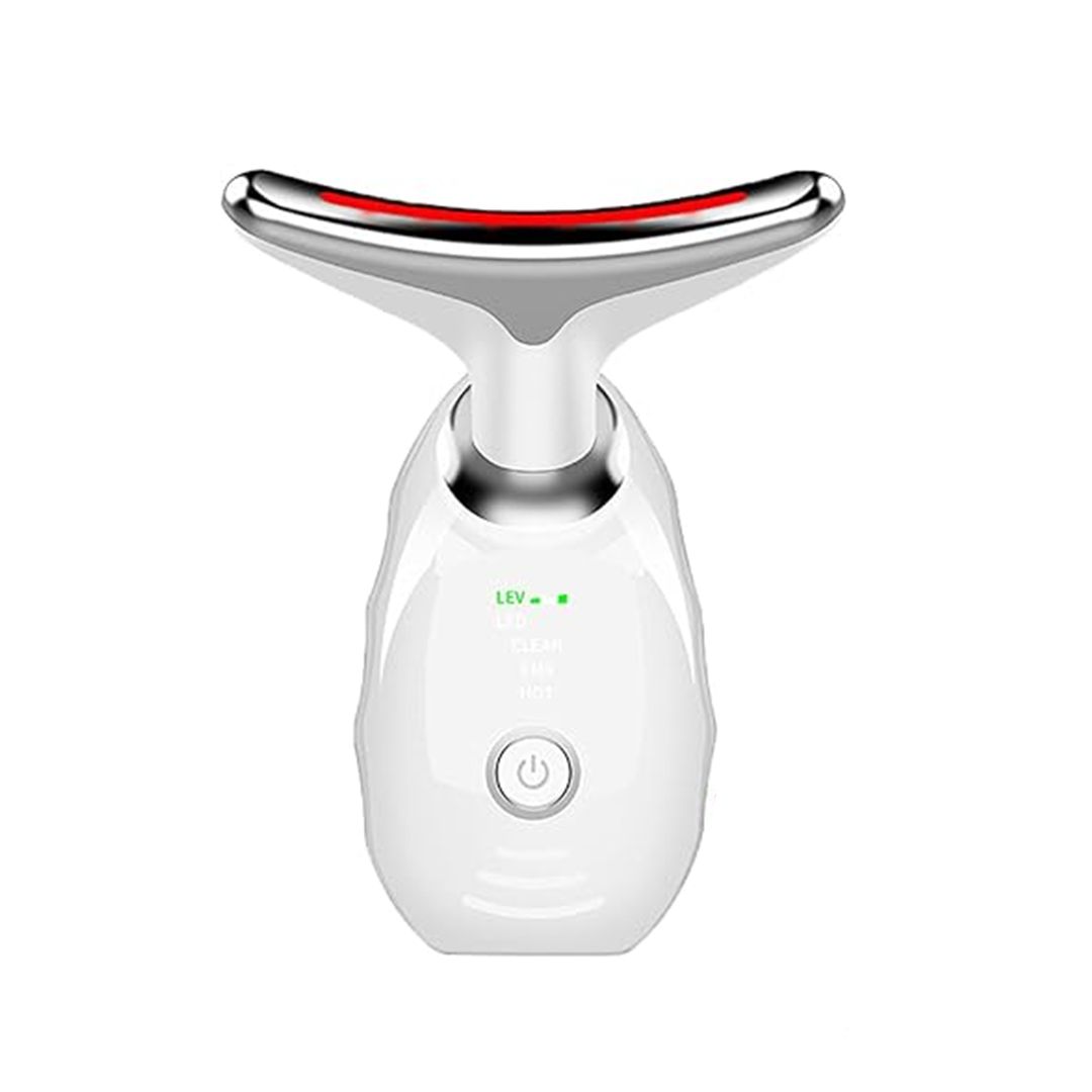 Dispositif de massage visage et cou blanc avec accents argentés et barre LED rouge.