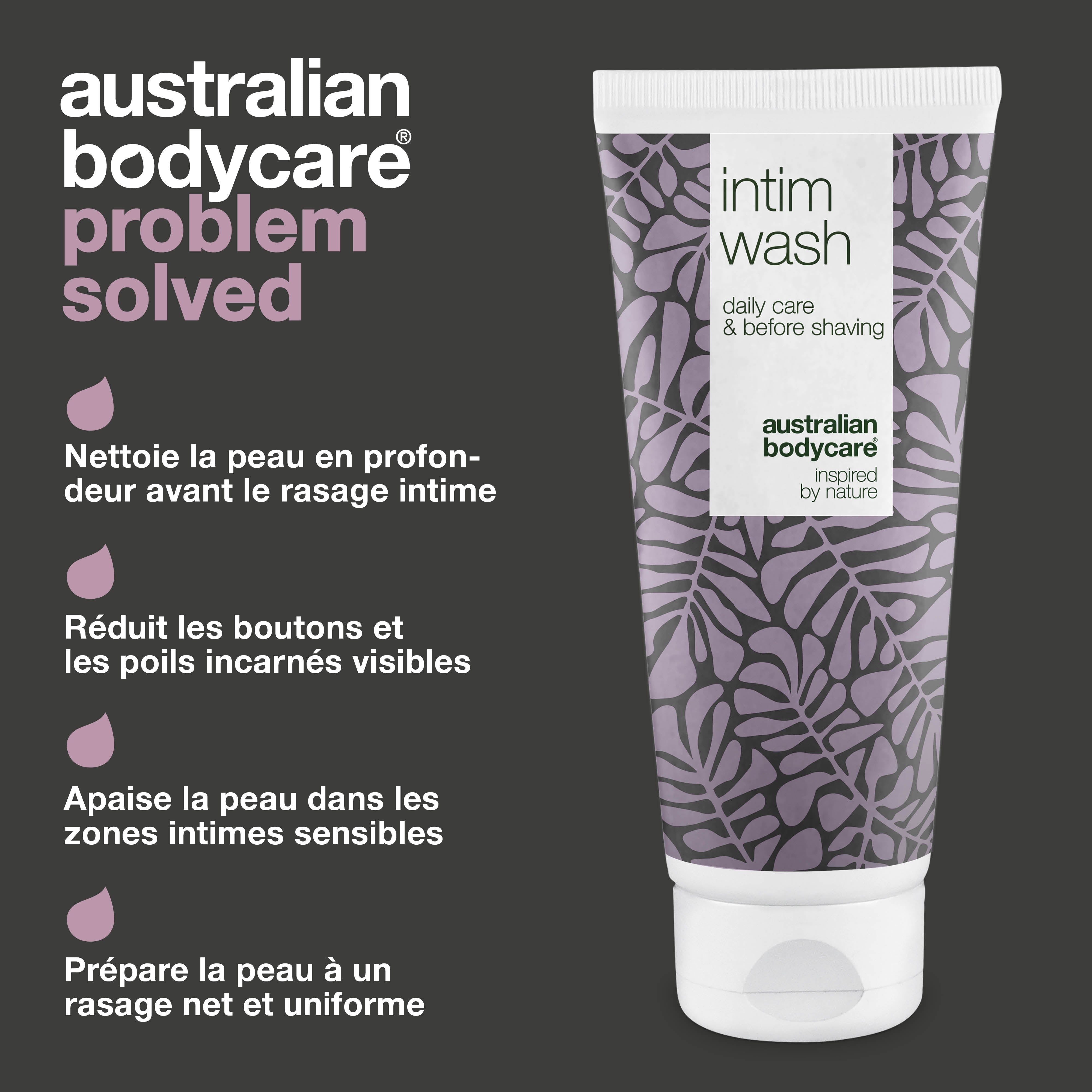 Tube de produit Intim Wash, Australian Bodycare. Texte: Nettoie, réduit boutons, apaise, prépare la peau.