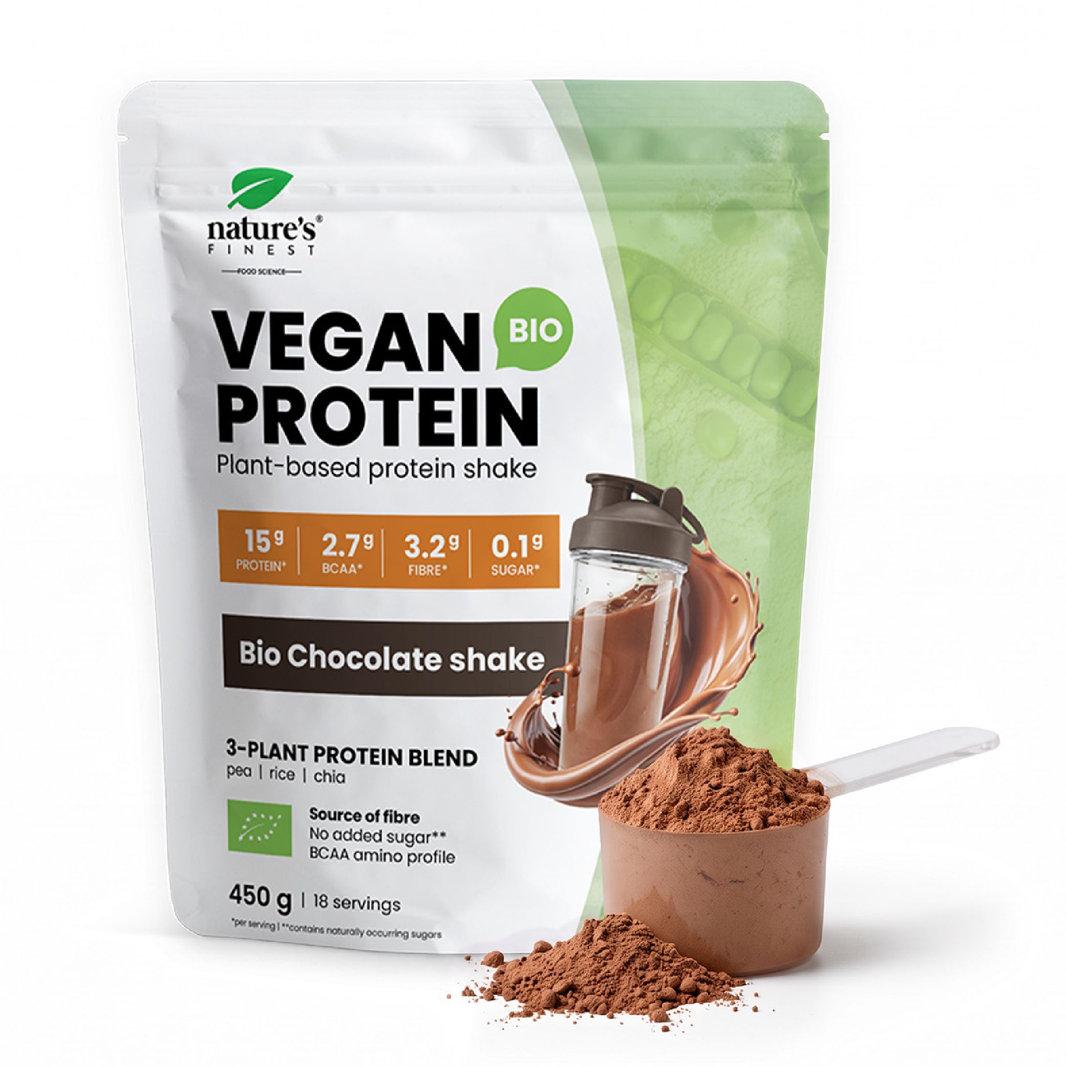 Shake protéiné végétalien Nature's Finest Bio Chocolat avec shaker et cuillère doseuse.