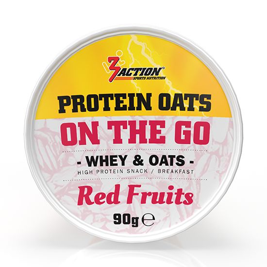 Ronde verpakking "3Action Protein Oats On The Go Red Fruits". Bevat 90g. Geel deksel met rode tekst.