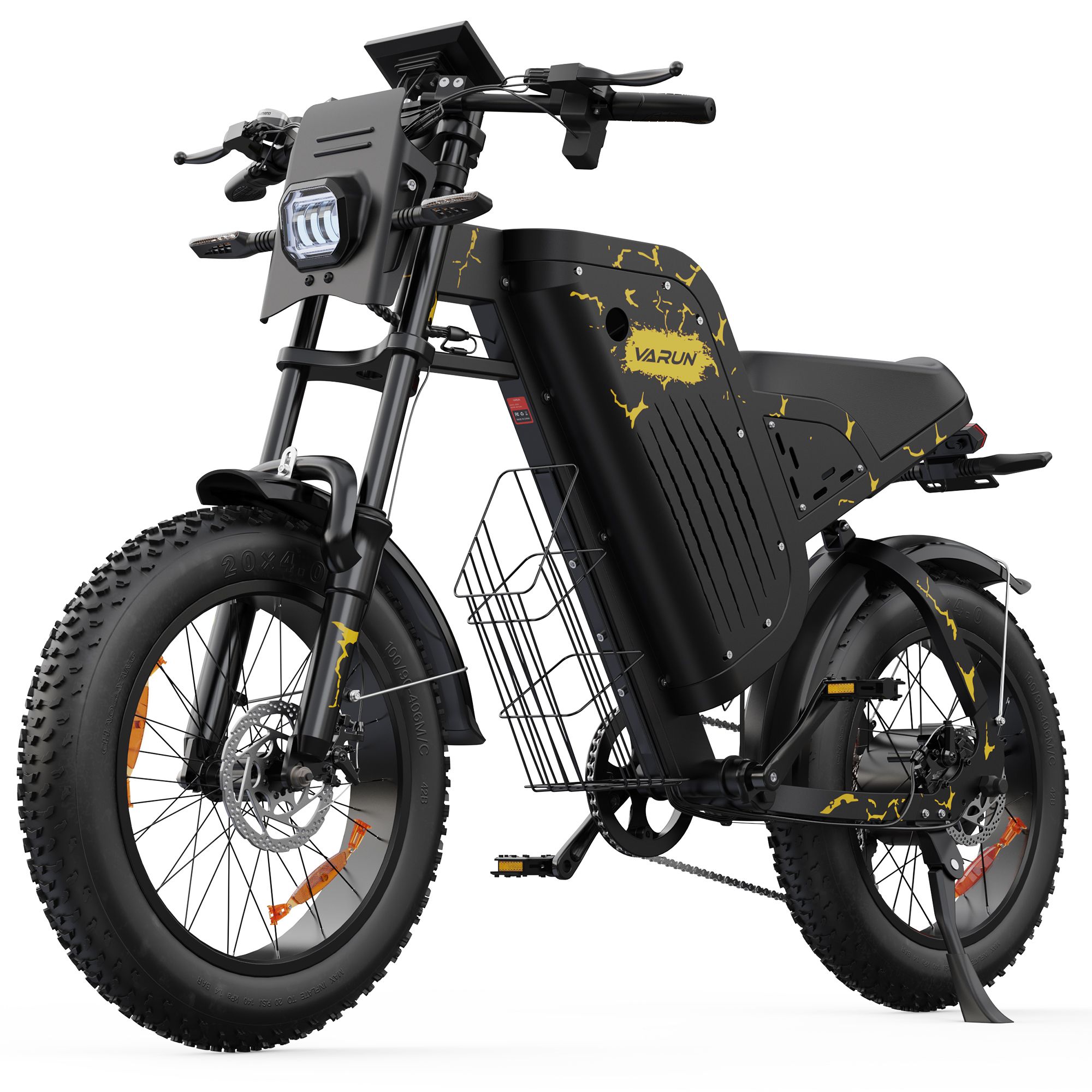 Zwarte VARUN e-bike met gele accenten. Mand, koplamp, brede banden.