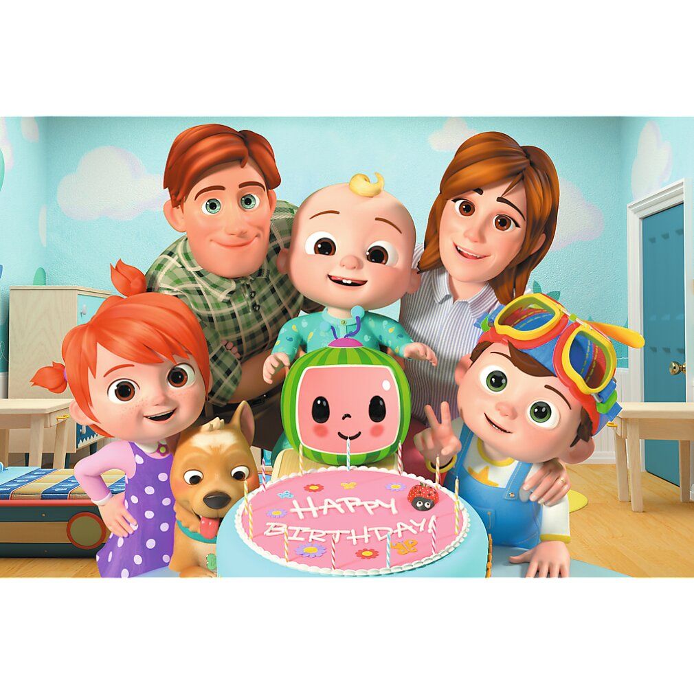 Puzzel met Cocomelon-figuren, waaronder een familie en een taart met Happy Birthday.